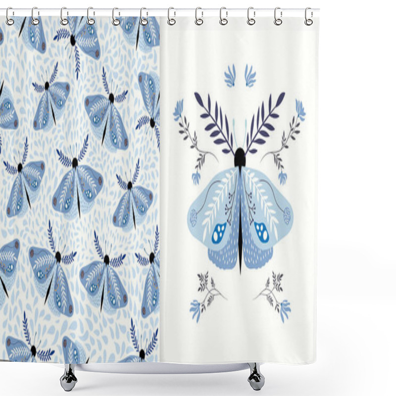 Personality  Bohemian Collection With Blue Moths And Flowers, Seamless Pattern And Greeting Card Shower Curtains