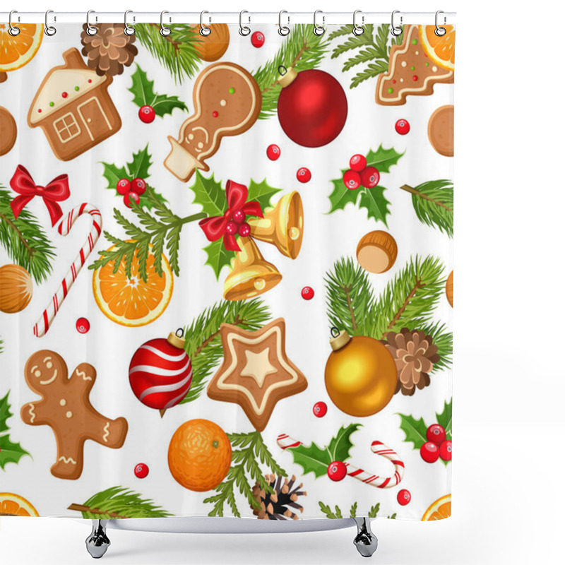 Personality  Christmas Seamless Background With Fir Branches, Holly, Balls And Sweets On A White Background. Shower Curtains