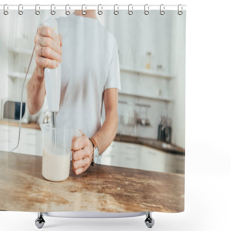 Personality  Cropped Shot Of Man Mixing Protein Shake With Electrical Blender At Home Shower Curtains