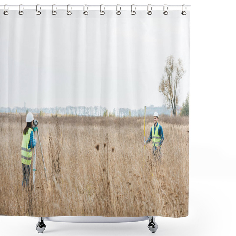 Personality  Surveyors Measuring Land With Digital Level And Ruler In Field Shower Curtains