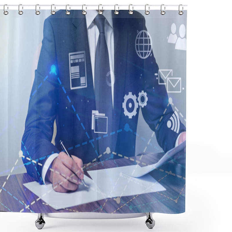 Personality  Unrecognizable Businessman Working With Documents In His Office. Graphs, Diagrams And Global Network Icons In The Foreground. Toned Image Double Exposure Shower Curtains