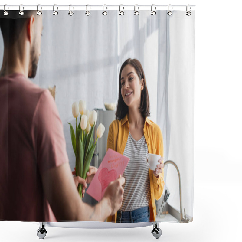 Personality  Young Man Presenting Bouquet Of Flowers And Greeting Card To Smiling Girlfriend In Kitchen Shower Curtains