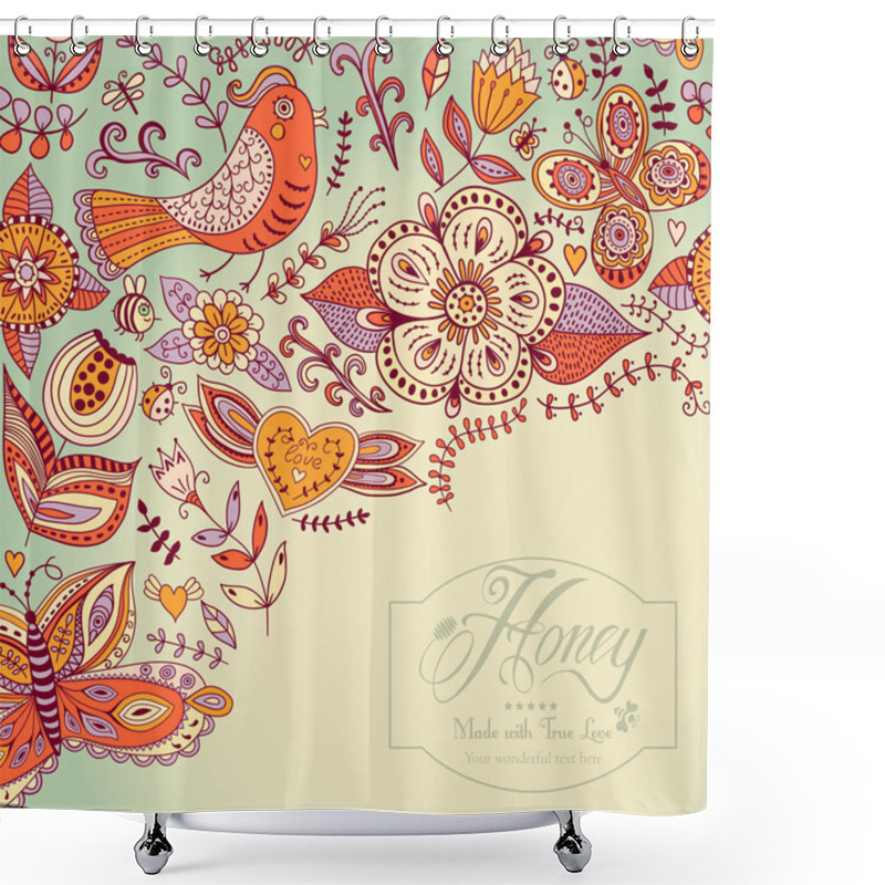 Personality  Floral Background, Summer Theme, Greeting Card. Template Design Can Be Used For Packaging,invitatio Ns, Valentine's Day Decoration,bag Template, Print For Packet, Cup. Place Your Text In The Label Shower Curtains