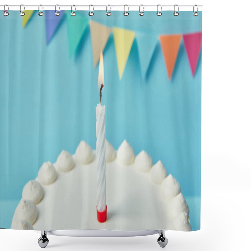 Personality  Candle On Birthday Cake On Blue Background With Bunting Shower Curtains