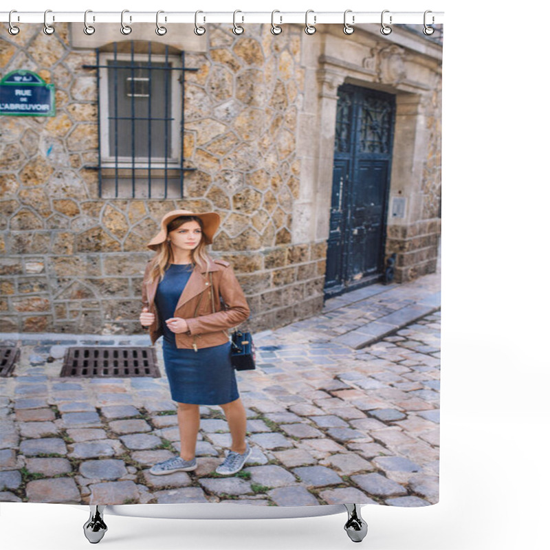 Personality  A Beautiful Young Woman In A Brown Jacket Walks In The Early Morning On The Famous Montmartre Hill In Paris, France Shower Curtains