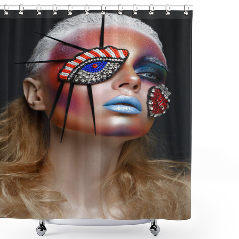 Personality  Beautiful Girl With Creative Make-up In Pop Art Style. Beauty Face. Shower Curtains