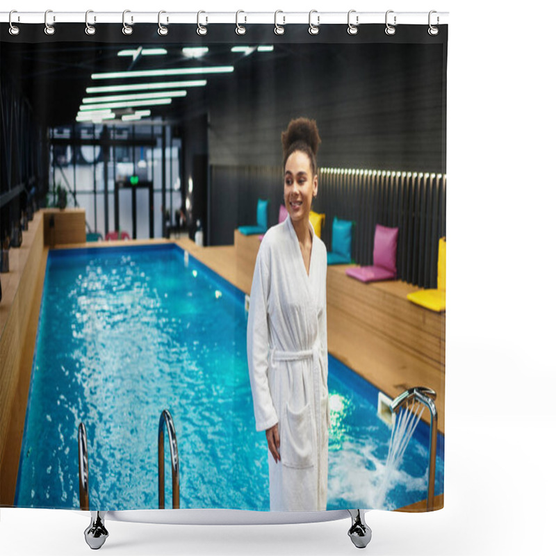 Personality  A Young Woman Relaxes In A Luxurious Spa, Radiating Joy Beside A Vibrant Blue Pool. Shower Curtains