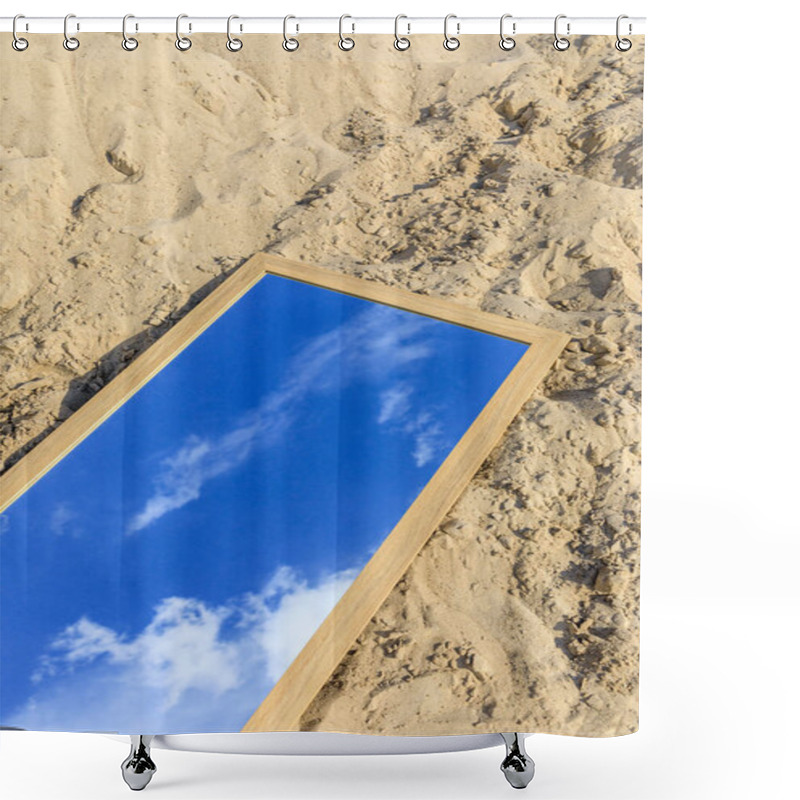 Personality  Mirror With Reflection Of Blue Sky Lying On Beach, Natural Light Shower Curtains