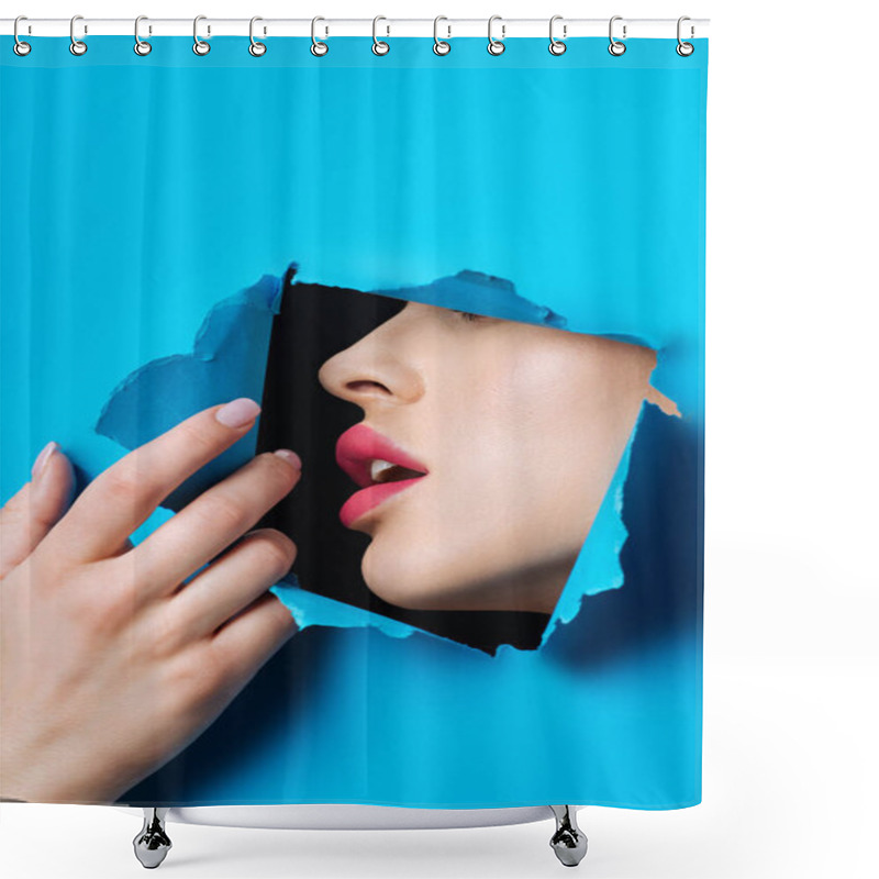 Personality  Woman With Pink Lips And Open Mouth In Hole Touching Blue Paper On Black Background Shower Curtains