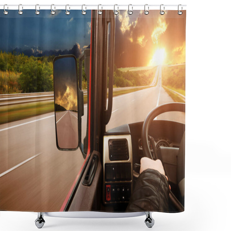 Personality  Truck Dashboard With Drivers Hand On The Steering Wheel And Side Rear-view Mirror On The Countryside Road Against Night Sky With Sunset Shower Curtains