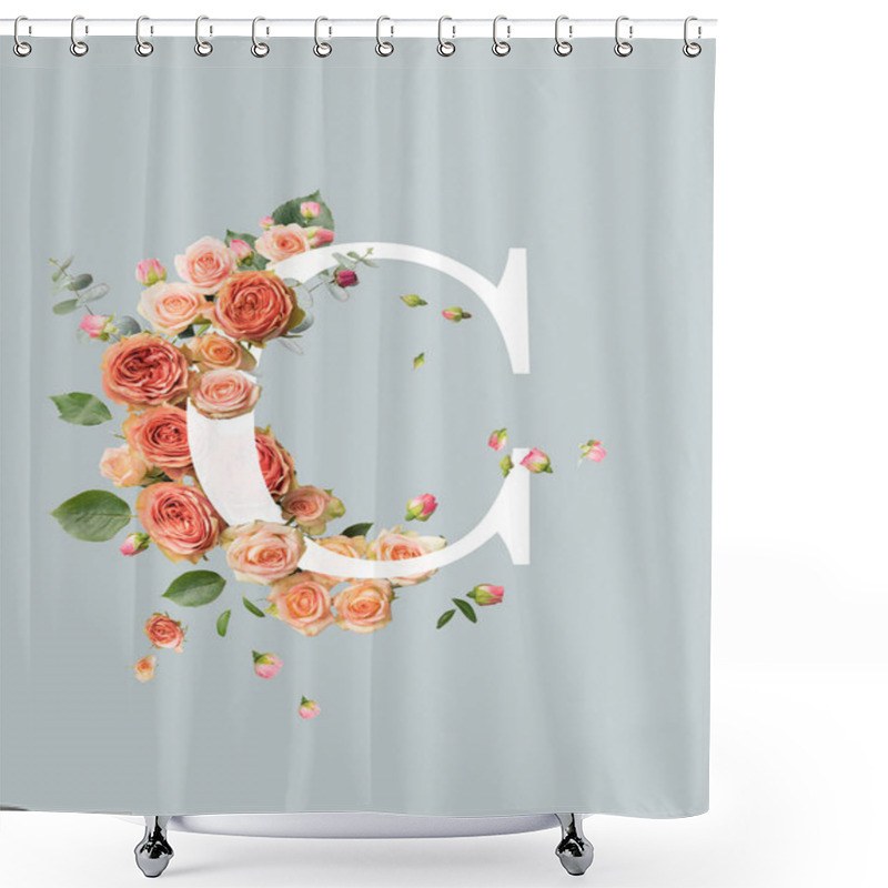 Personality  White Letter C With Beige Roses And Green Leaves Isolated On Grey Shower Curtains