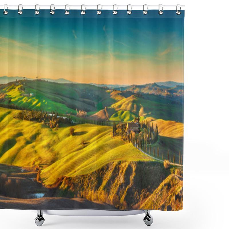 Personality  Tuscany Landscape At Sunset, Rolling Hills, Trees, And Green Fields. Asciano, Siena, Italy, Europe Shower Curtains