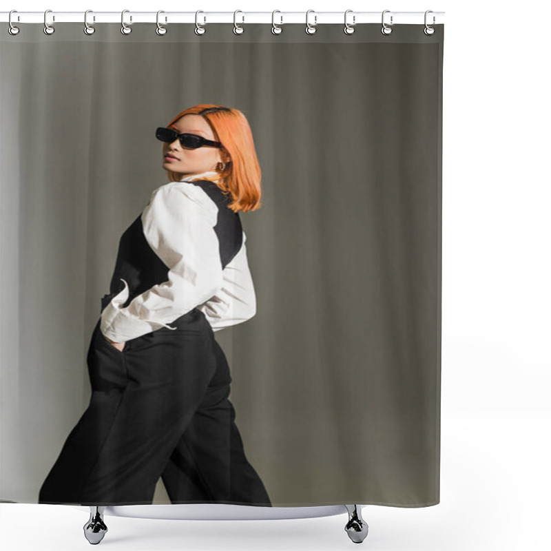 Personality  Expressive And Red Haired Asian Woman In Dark Sunglasses, White Shirt, Vest And Pants Holding Hands In Pockets And Looking At Camera While Posing On Grey Shaded Background, Modern Business Fashion Shower Curtains