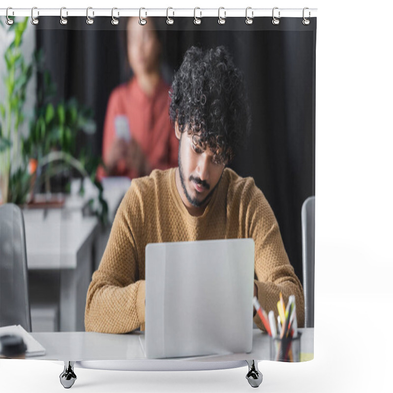 Personality  Curly Indian Advertising Manager Working On Laptop Near Blurred African American Woman Shower Curtains