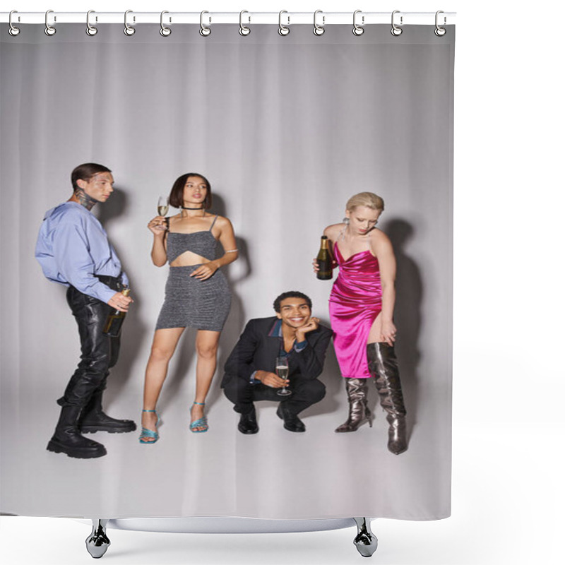 Personality  Group Of Happy Interracial Friends Holding Champagne Glasses During Party, New Year 2024 Concept Shower Curtains