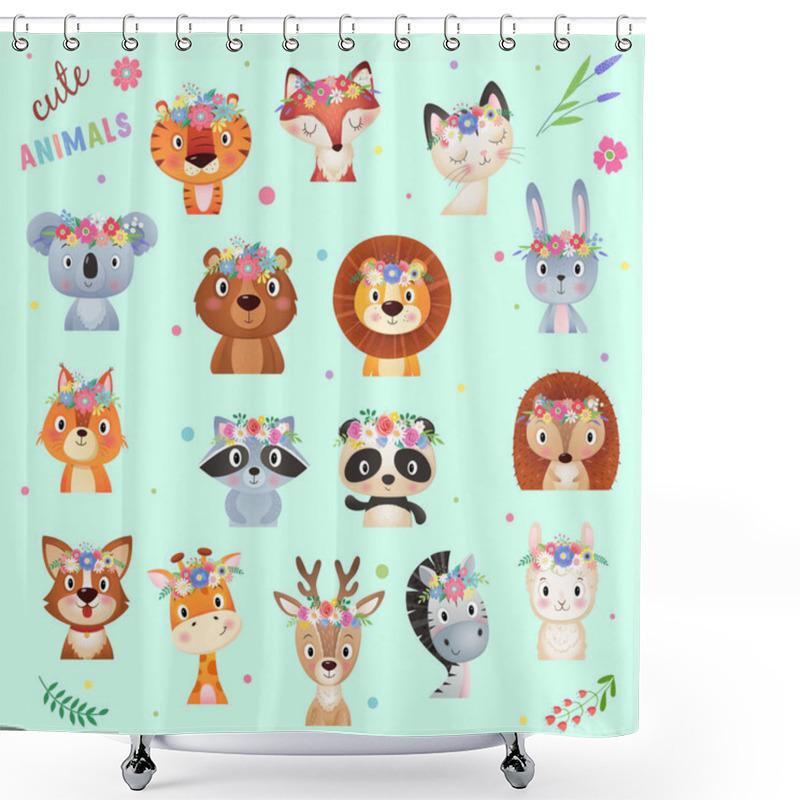 Personality  Cute Summer And Spring Animals Head In A Circle Collection , Flower Wreath On White Background Shower Curtains