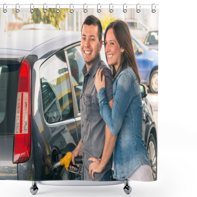 Personality  Happy Couple At Fuel Station Pumping Gasoline At Gas Pump. Portrait Of Young Man And Woman Of Man Filling Modern Car At Gasoline Tank Shower Curtains