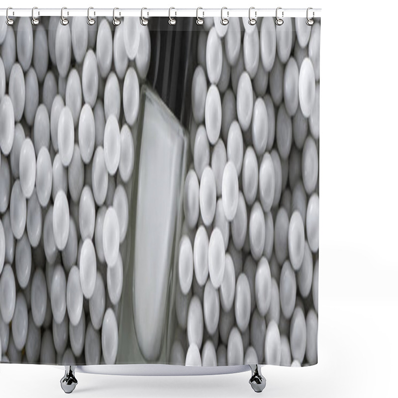 Personality  Top View Of White Nail Polish In Bottle Among Grey Decorative Beads, Panoramic Shot Shower Curtains