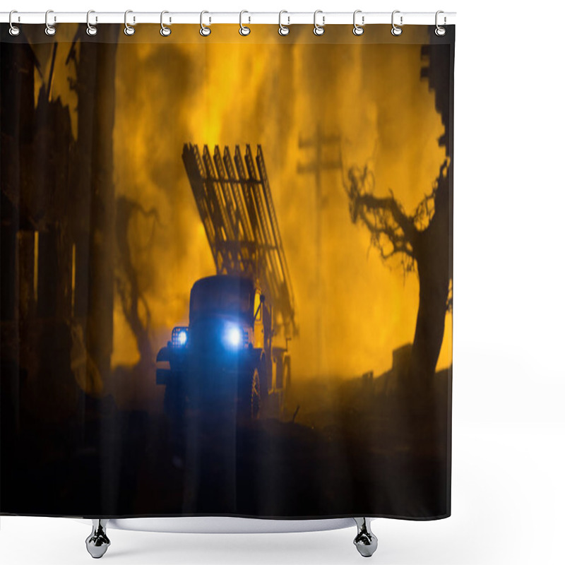 Personality  Rocket Launch With Fire Clouds. Battle Scene With Rocket Missiles With Warhead Aimed At Gloomy Sky At Night. Soviet Rocket Launcher On War Background. Creative Composition. Shower Curtains