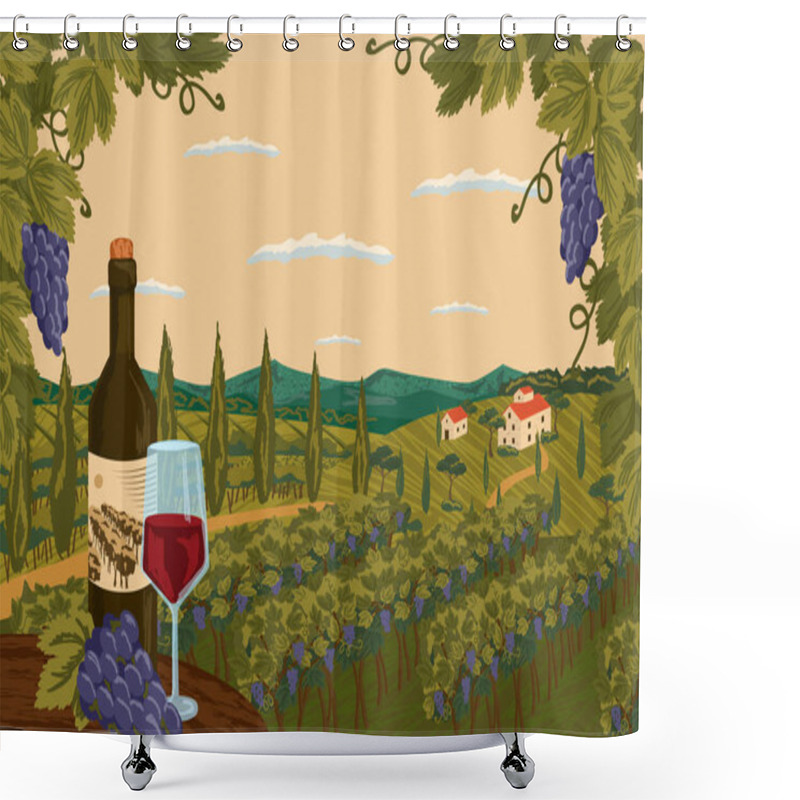 Personality  Vineyard Landscape With Grape Tree Field And Winery Farm On Background. Red Wine Bottle With Glass. Hand Draw Vector Illustration Poster Shower Curtains