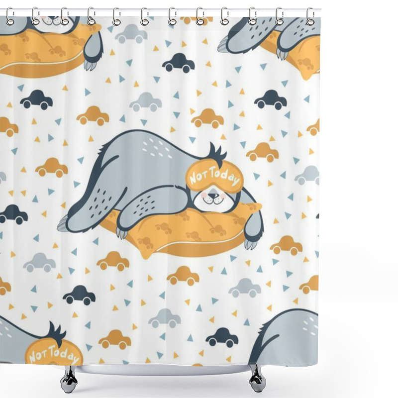 Personality  Vector Seamless Pattern Sloth Bear Sleeps On A Pillow. Sloth In A Sleep Mask. The Inscription Is Not Today. Design For Printing On Children's Clothing, Textiles, Paper, Packaging, Wallpaper. Shower Curtains