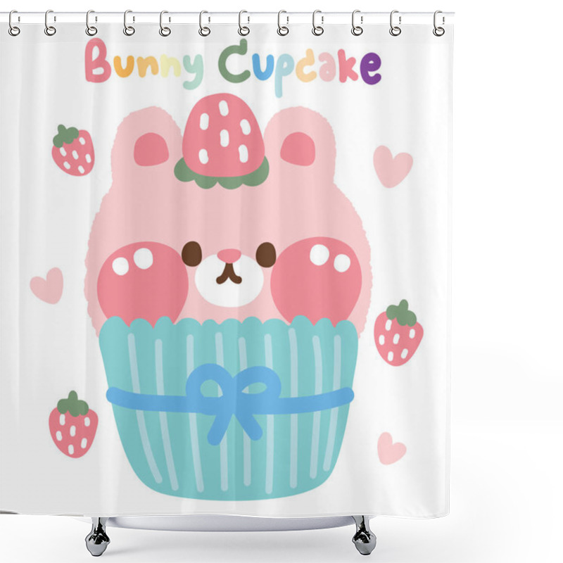 Personality  Cute Bunny Head Strawberry Cupcake On White Background.Sweet And Dessert.Bakery.Rodent Animal Cartoon Character Design.Image For Card,poster,baby Product.Rabbit.Kawaii.Vector.Illustration. Shower Curtains