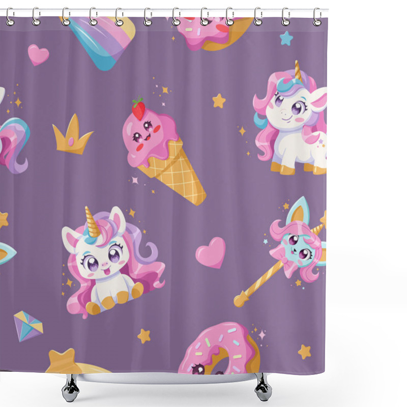 Personality  Children Magic Background With Cute Unicorn, Donut, Ice Cream Cone, Star And  Rainbow. Kids Pattern In Kawaii Style. Vector Illustration. Shower Curtains