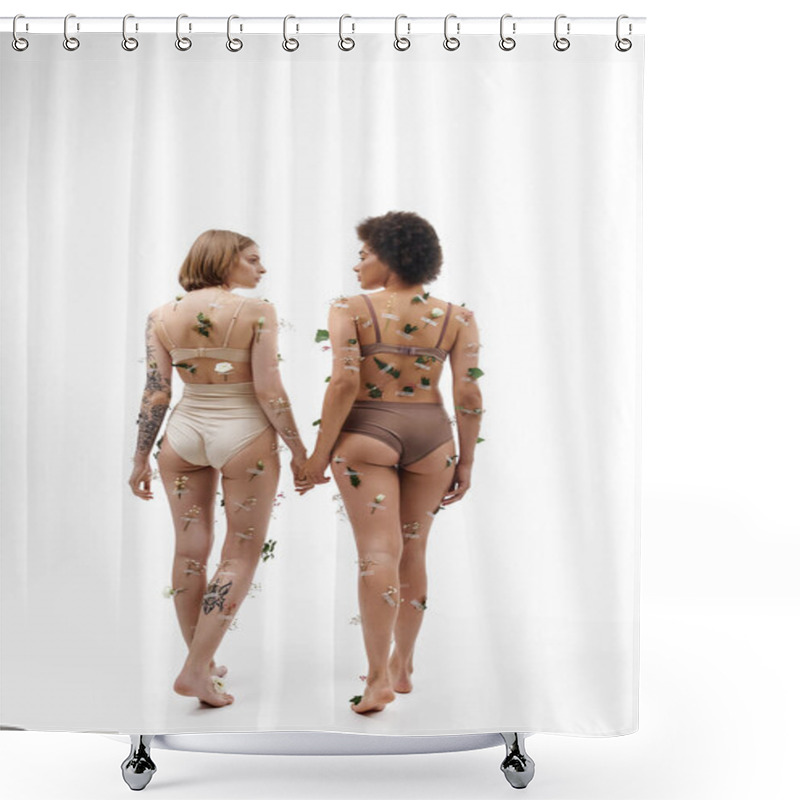 Personality  Two Women Share A Tender Moment, Hands Intertwined, Decorated With Delicate Flowers. Shower Curtains