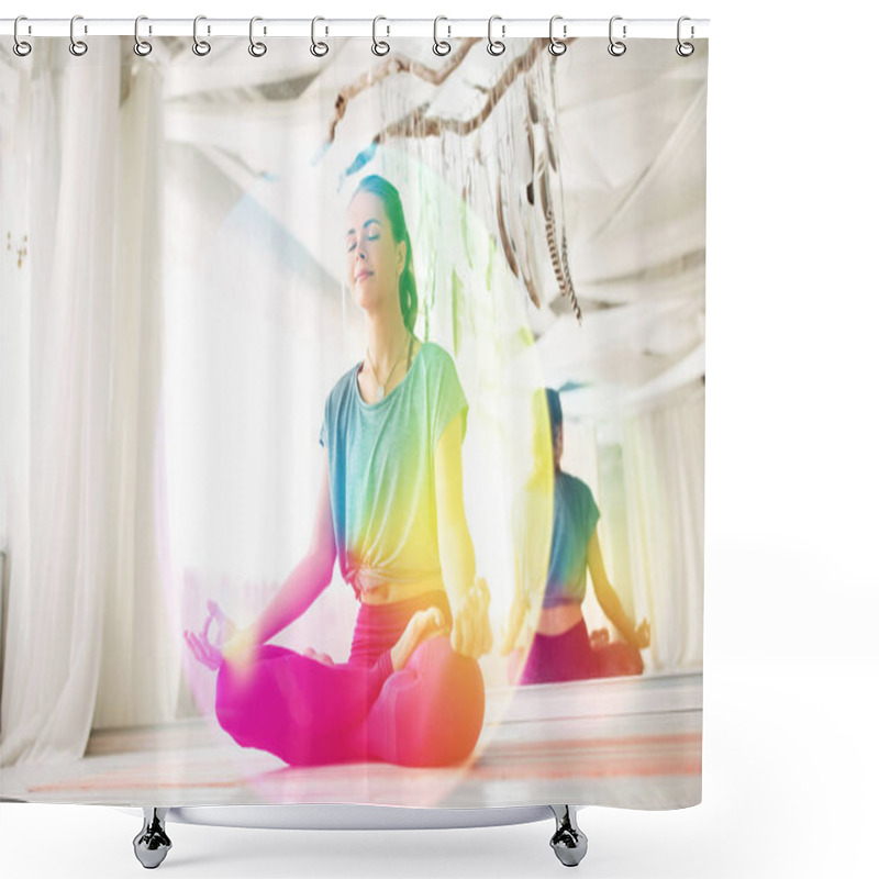 Personality  Woman Meditating In Lotus Pose At Yoga Studio Shower Curtains