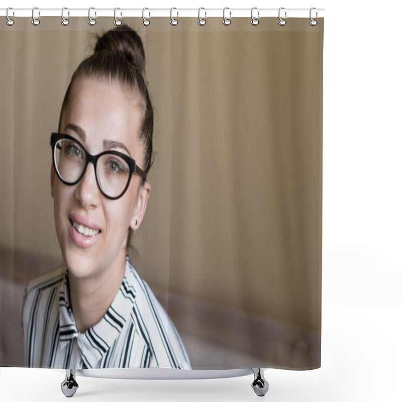 Personality  Happiness Concept - Beautiful Successful Smiling Rich Happy Business Prosperous Young Green-eyed Lady Woman Slavic Appearance In White Suit Style Wear Glasses Sit On Bed At Home Indoors. Copy Space Shower Curtains