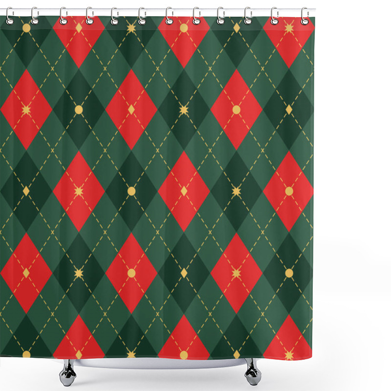 Personality  Seamless Argyle Plaid Christmas Pattern. Traditional Scottish Ornament With Green, Red Rhombus. Yellow Dashed Stroke. Background With Diamonds And Octagonal Stars. Fabric Texture. Vector Illustration. Shower Curtains