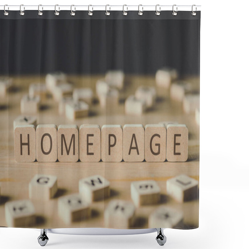 Personality  Selective Focus Of Word Homepage Made Of Cubes Surrounded By Blocks With Letters On Wooden Surface Isolated On Black Shower Curtains