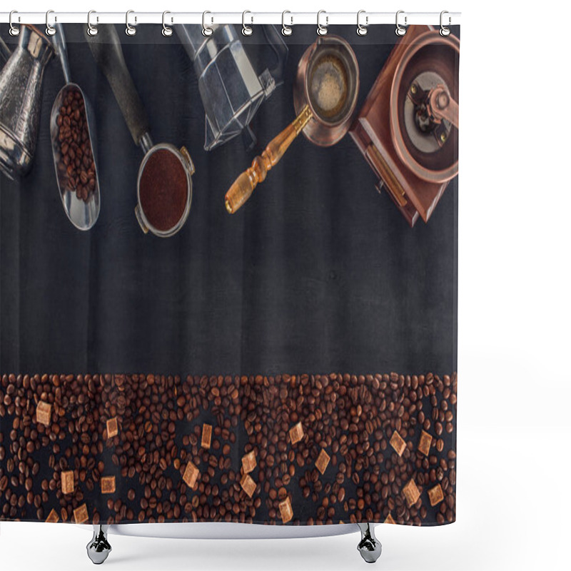 Personality  Top View Of Roasted Coffee Beans With Brown Sugar And Various Coffee Makers And Grinders On Black Shower Curtains