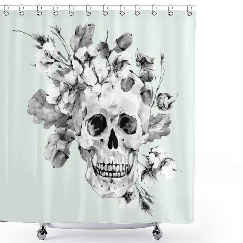 Personality  Skull And Twigs, Cotton Flower, Yellow Oak Leaves Shower Curtains