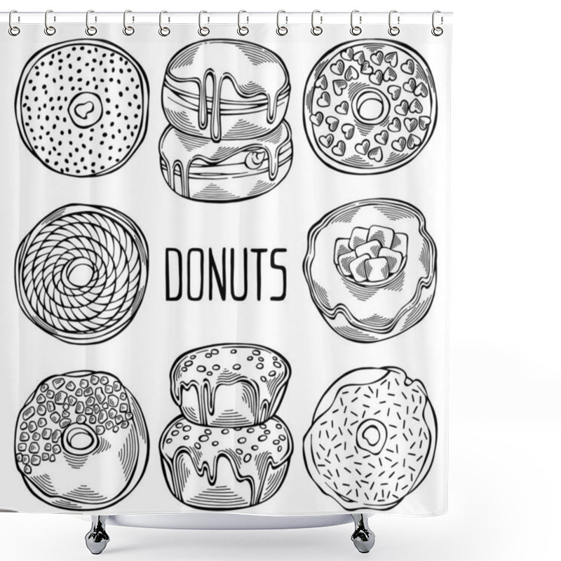 Personality  Hand Drawn Set Of Cartoon Black And White Donuts With Different Sprinkles Isolated On White Background. Pastry For Menu Design, Cafe Decoration And Delivery Box Glazed Cover. Vector Illustration Shower Curtains