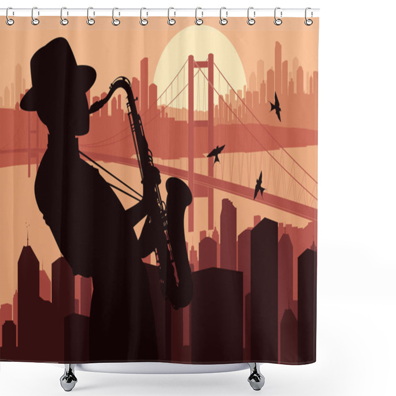 Personality  Saxophone Player In Skyscraper City Landscape Background Illustration Shower Curtains