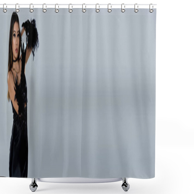 Personality  An Asian Woman In A Black Dress Holds A Crystal Ball In Her Gloved Hand. Shower Curtains