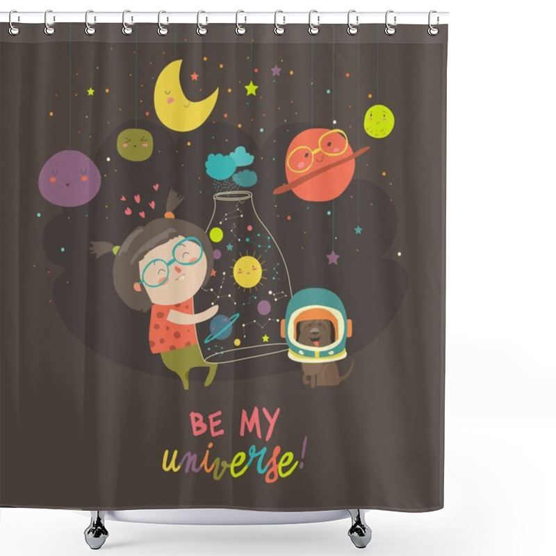 Personality  Cute Girl With Planets Of The Solar System Shower Curtains