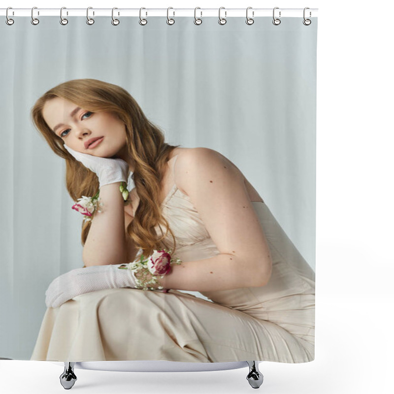 Personality  A Young Woman Gently Rests Her Head On Her Hand, Surrounded By Floral Beauty. Shower Curtains