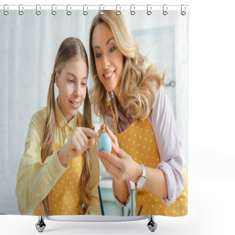 Personality  Happy Kid Pointing With Finger At Painted Easter Egg Near Mother  Shower Curtains