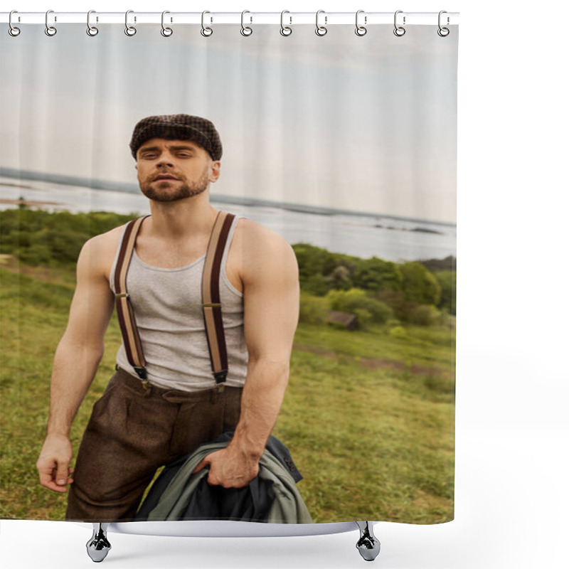 Personality  Portrait Of Fashionable And Bearded Man In Suspenders And Newsboy Cap Holding Jacket And Looking At Camera While Standing With Blurred Landscape At Background, Fashion-forward In Countryside Shower Curtains