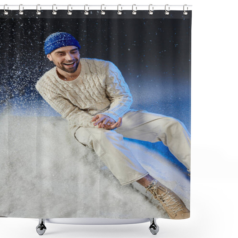 Personality  A Cheerful Young Man Sits On Snow, Enjoying The Winter Vibes While Smiling In Soft Clothing. Shower Curtains