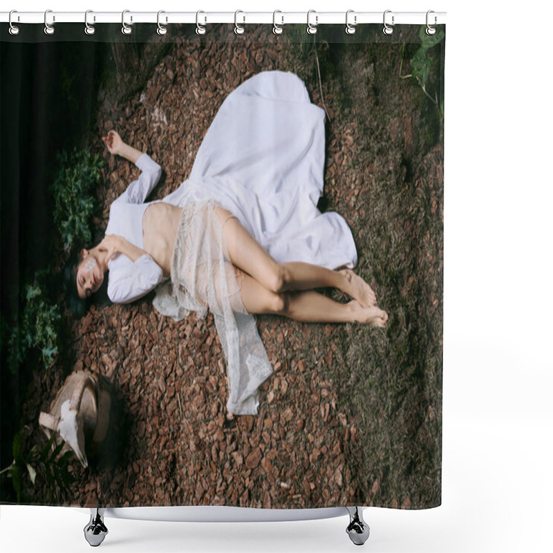 Personality  A Woman In A White Dress Lies On Ground And Foliage. Shower Curtains