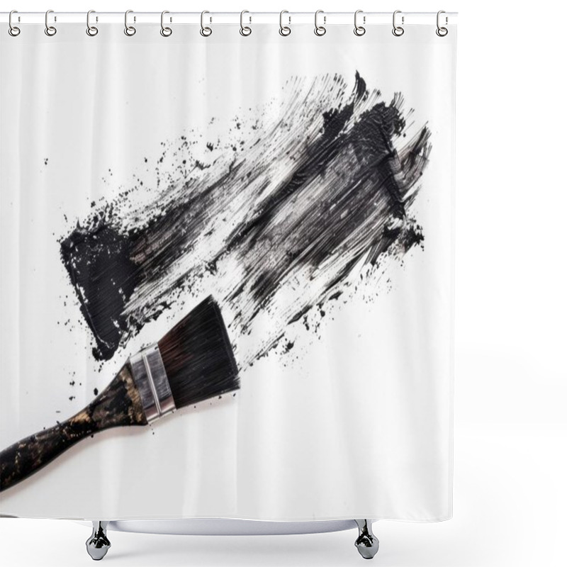 Personality  A Paintbrush Resting Beside A Bold Stroke Of Black And White Paint On A Clean Surface. Shower Curtains