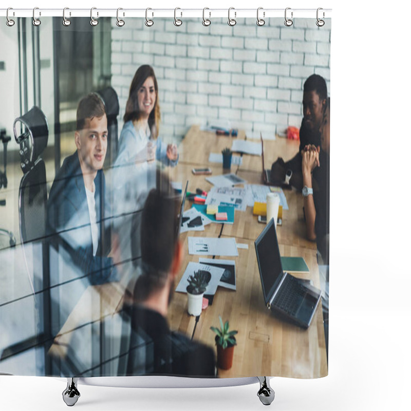 Personality  Collaborative Process Of Young Creative Male And Female Multicultural Employees In Office Behind Glass Wall.Professional Designers Discussing Successful Strategy Of Developing Startup During Briefing Shower Curtains