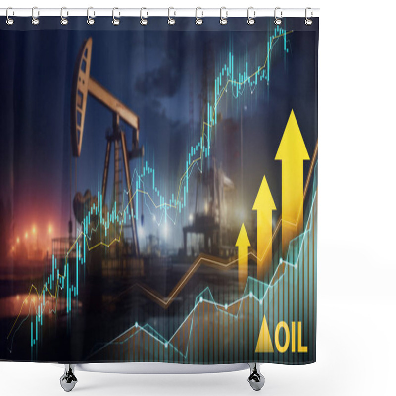 Personality  Oil Drilling Rigs At Dusk With Glowing Financial Graphs, Symbolizing Market Performance Shower Curtains