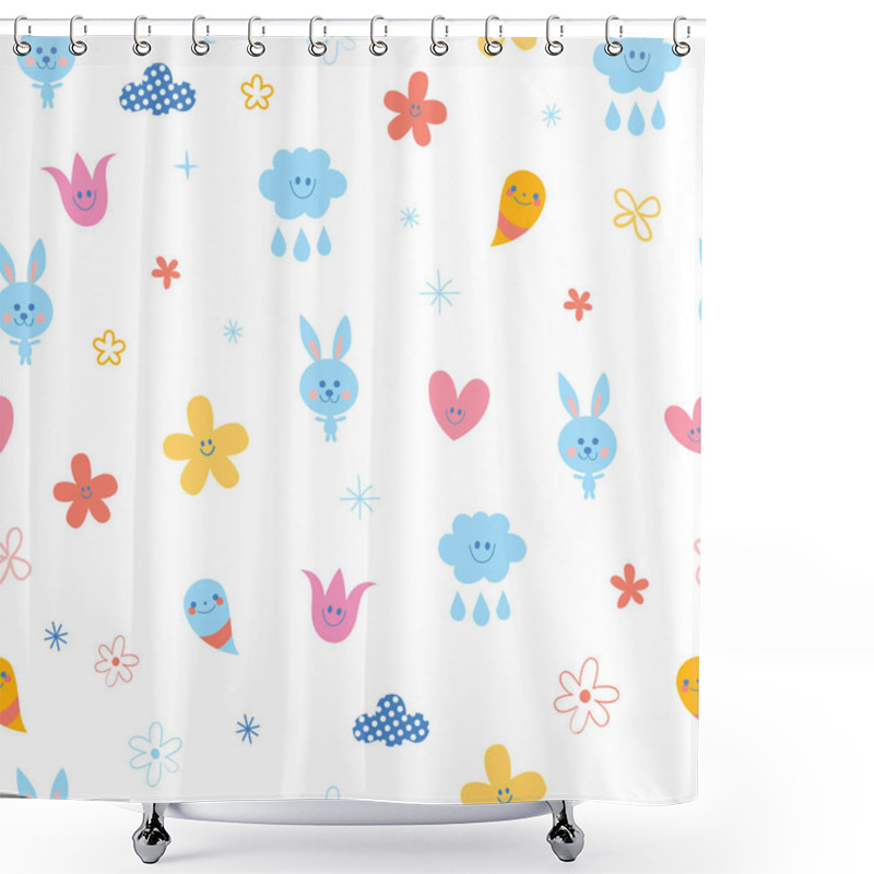 Personality  Baby Bunnies Flowers Clouds Hearts Kids Seamless Pattern Shower Curtains