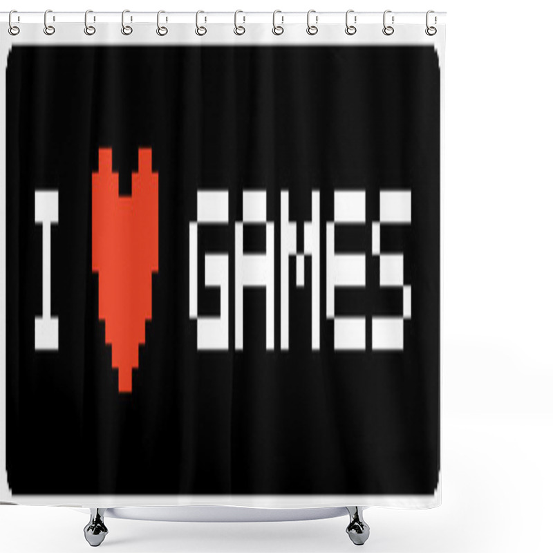 Personality  Pixeled Illustration Of A Banner With A Heart Icon And The Words I LOVE GAMES Shower Curtains