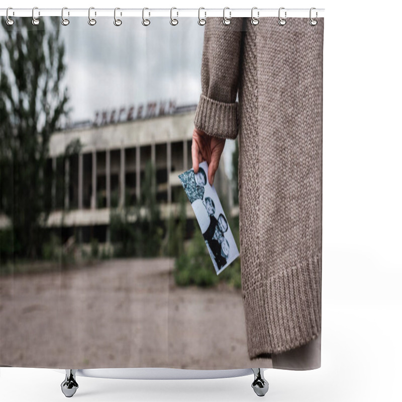 Personality  PRIPYAT, UKRAINE - AUGUST 15, 2019: Cropped View Of Senior Woman Holding Black And White Photo Near Building In Chernobyl  Shower Curtains