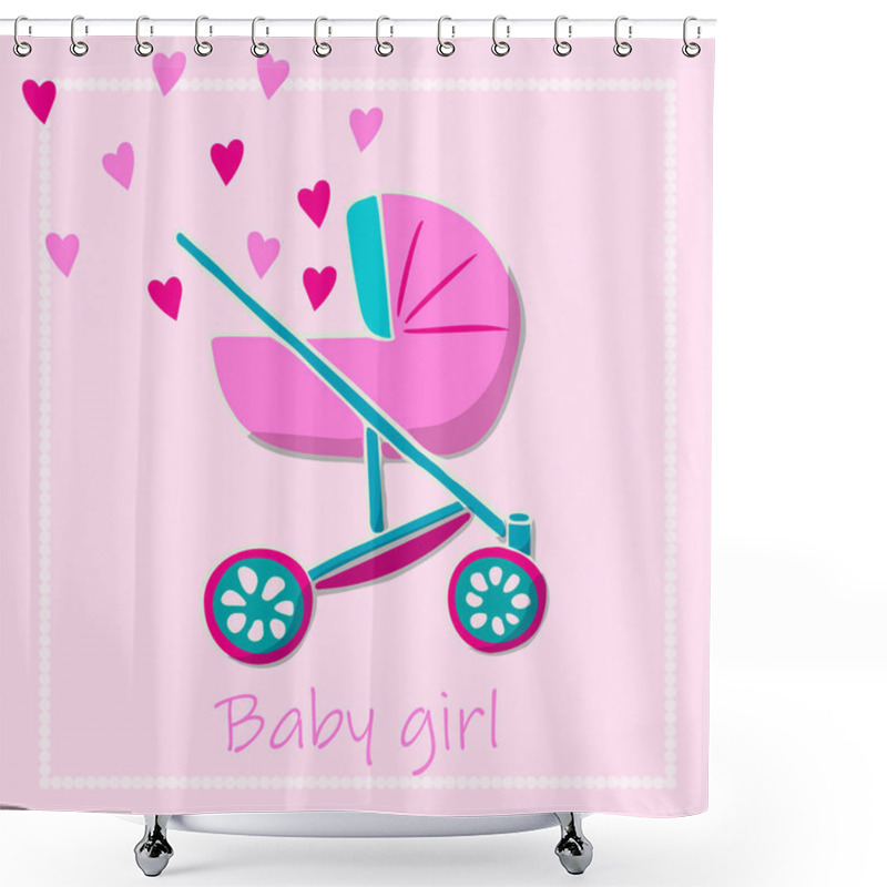 Personality  Pink And Turquoise Baby Carriage With Flying Hearts From It. Welcome Party Postcard, Baby Shower Invitation With Childish Elements In Turquoise And Pink Colors. Lettering Baby Girl. Shower Curtains